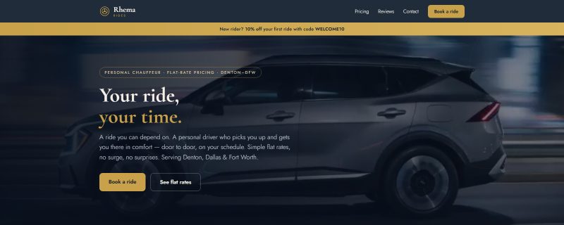 Rhema Rides — a personal chauffeur service serving Denton, Dallas and Fort Worth